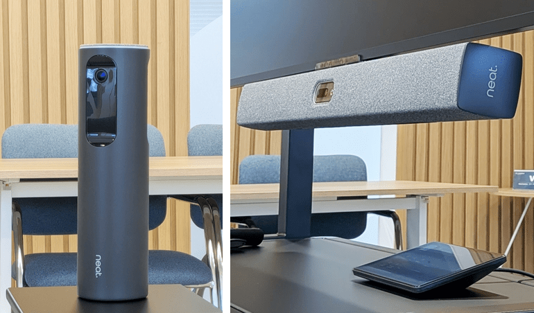 Two-panel shot of a Neat video conferencing system in a conference room: a tall grey unit on a table and a monitor-mounted module with a tablet on the desk.