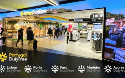 Entrance to a Portugal Duty Free shop at an airport with luxury brands like Chanel and Dior visible; floor graphics show Lisbon, Porto, Faro, Madeira, Azores Duty Free logos.