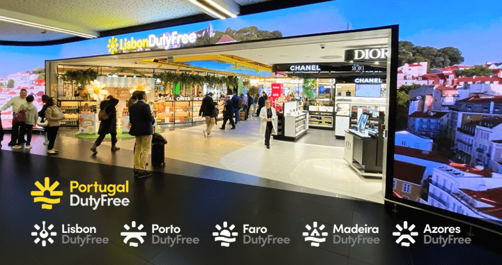 Entrance to a Portugal Duty Free shop at an airport with luxury brands like Chanel and Dior visible; floor graphics show Lisbon, Porto, Faro, Madeira, Azores Duty Free logos.