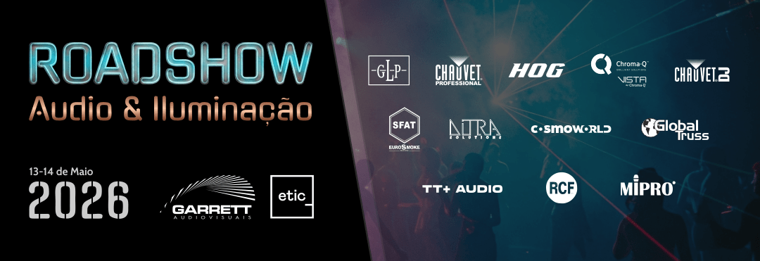 Roadshow Audio & Iluminação banner for May 13–14, 2026, with Garrett Audiovisual and etic logos on the left and sponsor logos on the right.