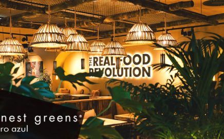 Interior of Honest Greens, Barrio Azul, with hanging wicker pendant lights and lush plants; wall reads 'The Real Food Revolution'.