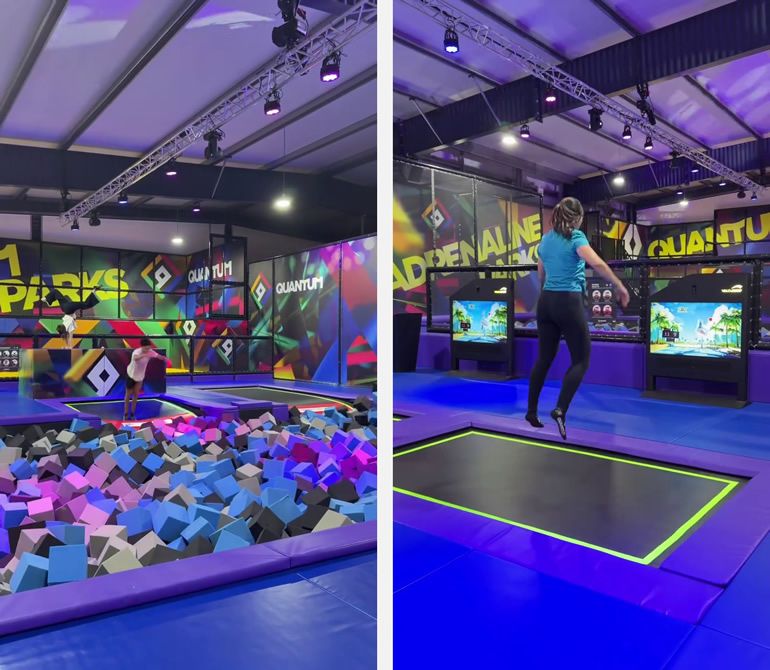 Indoor trampoline park left panel: a foam pit filled with multicolored foam cubes and people nearby, under purple lighting in a gym.