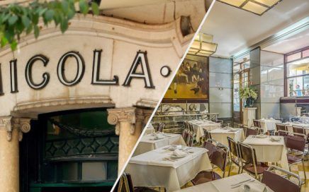 Restaurant exterior sign reading 'NICOLA' on a stone facade, paired with an upscale dining room with white-tablecloths and a statue centerpiece.