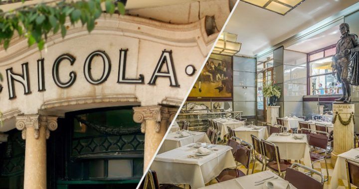 Restaurant exterior sign reading 'NICOLA' on a stone facade, paired with an upscale dining room with white-tablecloths and a statue centerpiece.