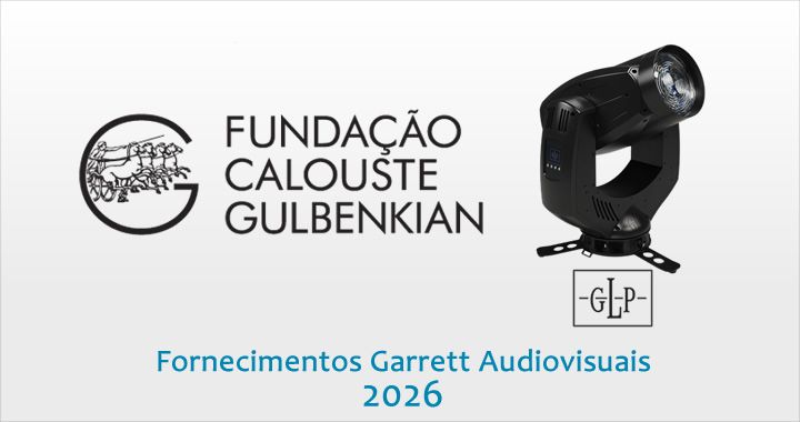 Logo of Fundação Calouste Gulbenkian with a stage light illustration on the right, on a light gray gradient background. Text: 'Fornecimentos Garrett Audiovisuais 2026' in blue.