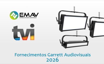 Slide banner with EMAV and TVI logos, three studio lights, and the title 'Fornecimentos Garrett Audiovisuais 2026'