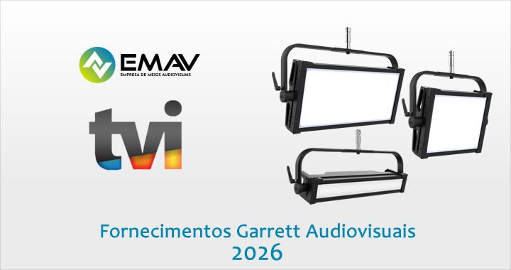 Slide banner with EMAV and TVI logos, three studio lights, and the title 'Fornecimentos Garrett Audiovisuais 2026'