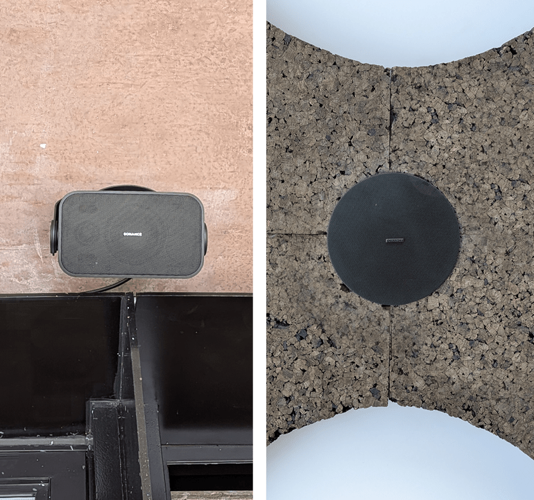 A collage showing two speakers: left a small rectangular wall-mounted speaker above a doorway, right a round ceiling speaker embedded in cork wall.