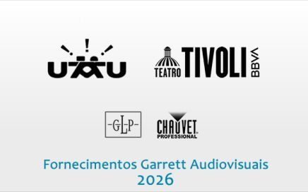 Sponsor logos collage for Garrett Audiovisuais 2026, featuring UAXU, Teatro Tivoli BBV, GLP, and Chauvet Professional logos.